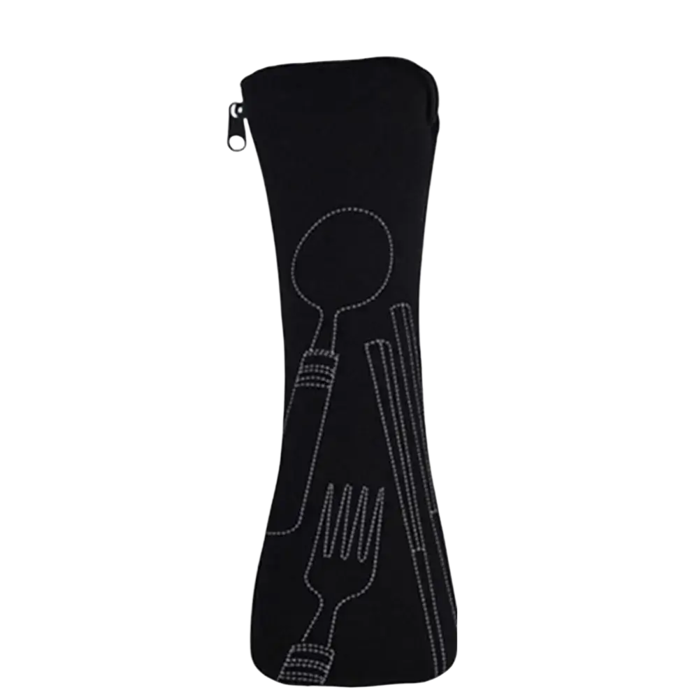 Black zipper-top pouch with white embroidered spoon fork and chopsticks outlines for portable cutlery storage and travel