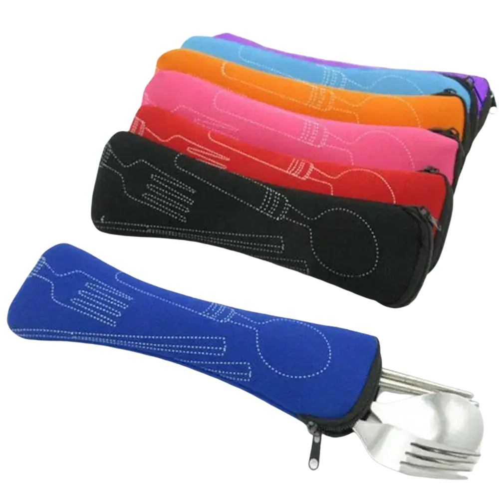 Portable cutlery storage bag in blue neoprene with white stitched fork and spoon design and zipper closure for travel and picnic