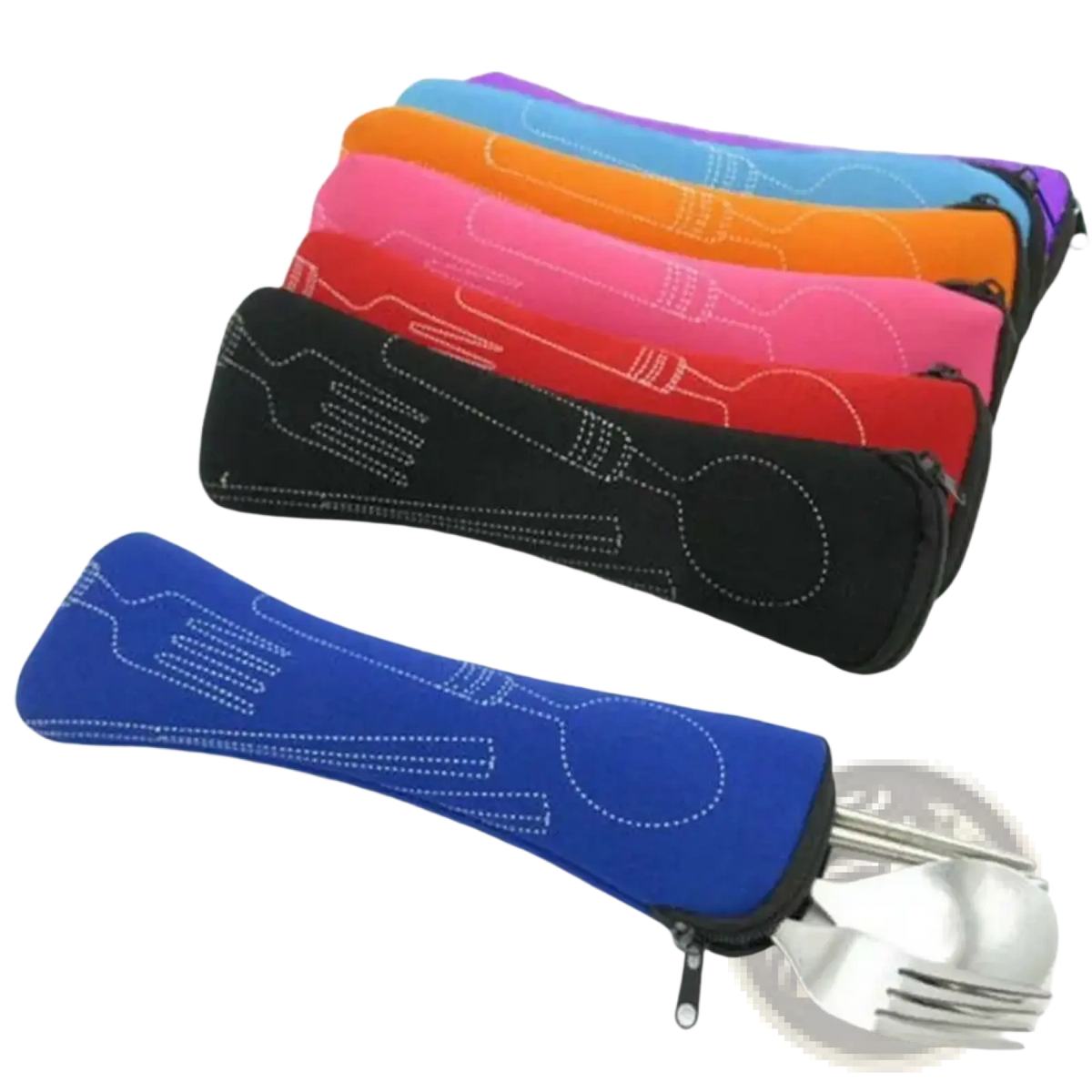 Portable cutlery storage bag in blue neoprene with white stitched fork and spoon design and zipper closure for travel and picnic