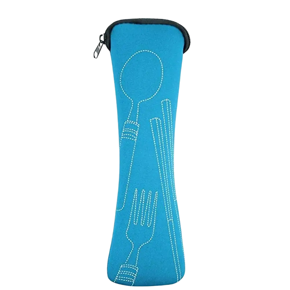 Bright blue neoprene portable cutlery storage bag with white stitched spoon fork and chopsticks for travel and picnic