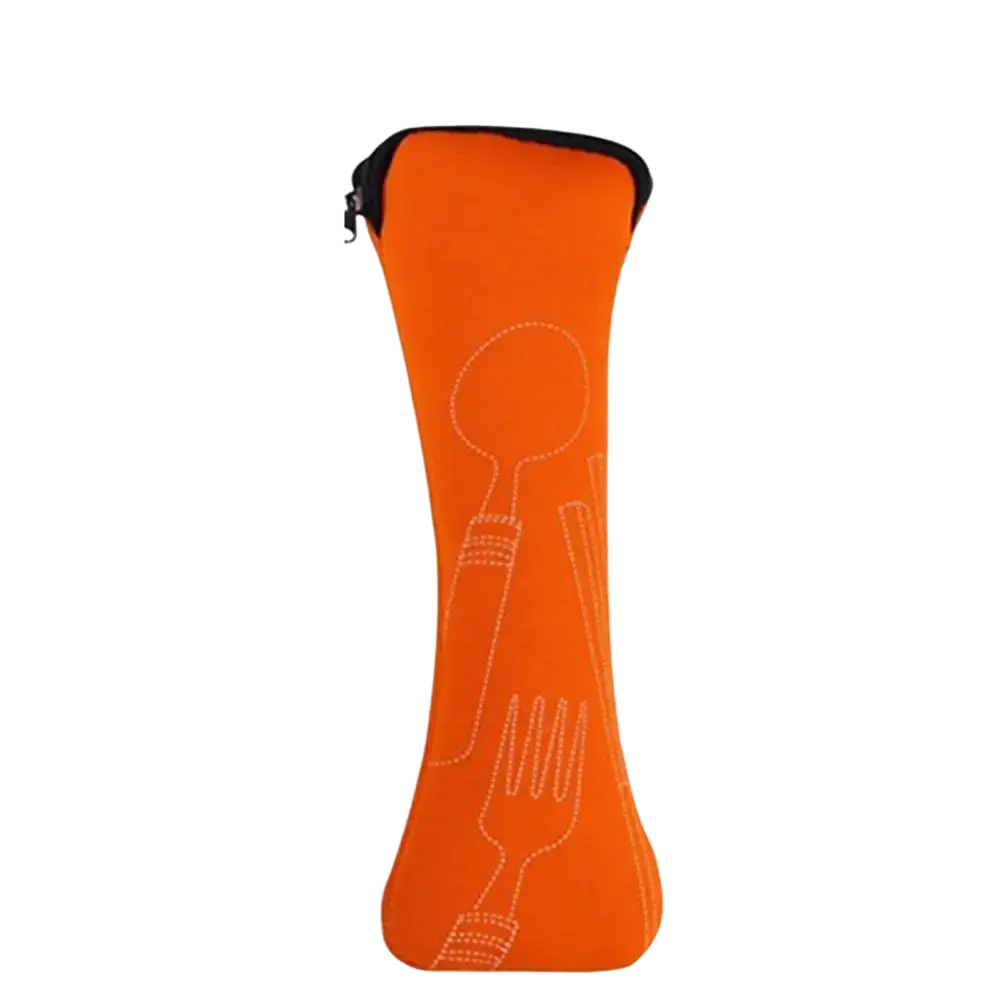 Bright orange neoprene portable cutlery storage bag with white stitched spoon and fork outlines for travel and picnic