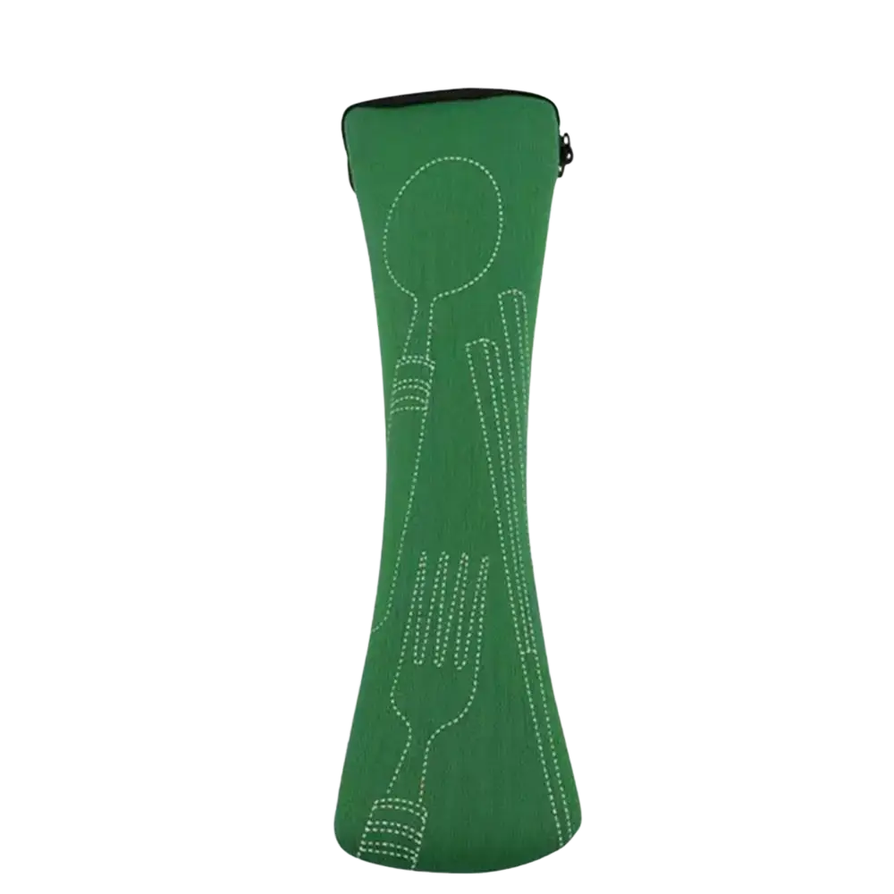 Green neoprene portable cutlery storage bag with white stitched utensil outlines for travel and picnic use
