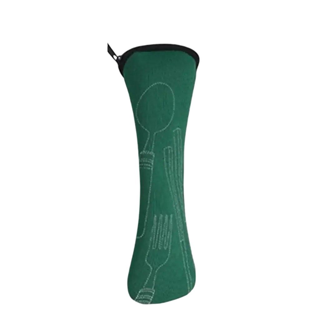 Portable green neoprene cutlery storage bag with white embroidered fork spoon and knife for travel and picnic use