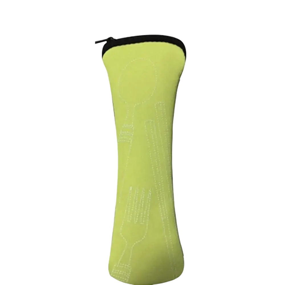 A lime green neoprene portable cutlery storage bag with black zipper and embroidered utensil outlines for travel and picnic