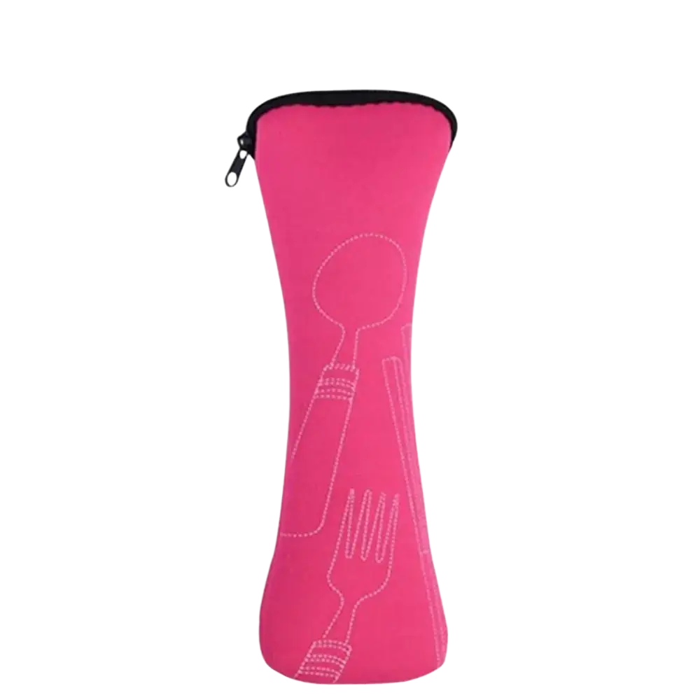 Pink neoprene portable cutlery storage bag with white embroidered fork spoon and knife outlines for travel and picnic