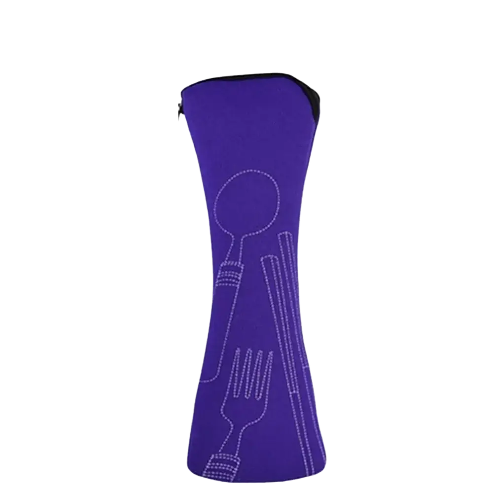 Purple neoprene portable cutlery storage bag with white stitched spoon fork and chopsticks outlines for travel and picnic