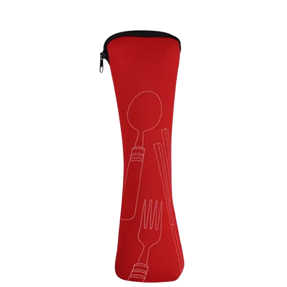 Portable cutlery storage bag in red neoprene with white embroidered fork spoon and chopsticks design for travel and picnic