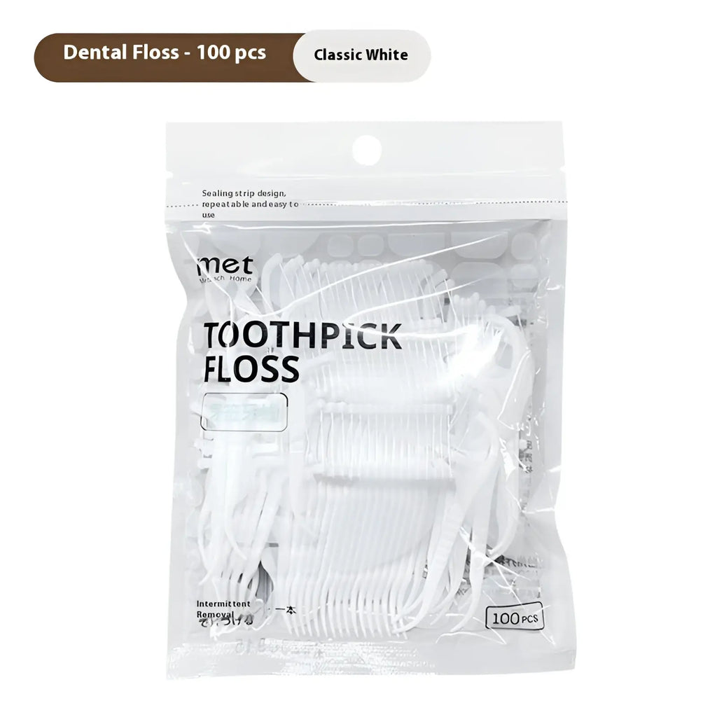 Classic white dental floss in clear plastic packaging with 100 pieces and automatic pop-up sealing strip dispenser