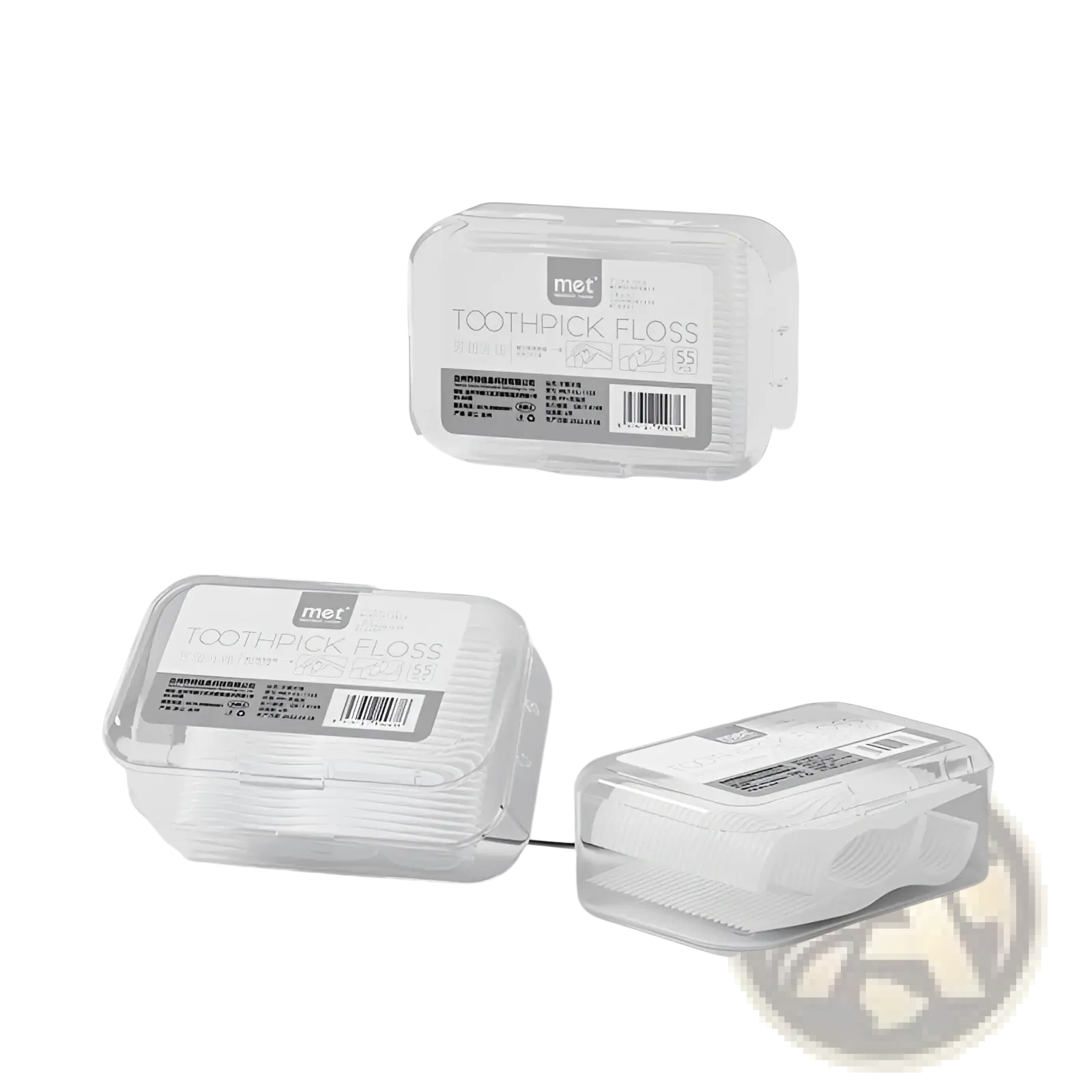 Transparent plastic portable dental floss box automatic pop-up dispenser containers labeled with met brand holding toothpick floss