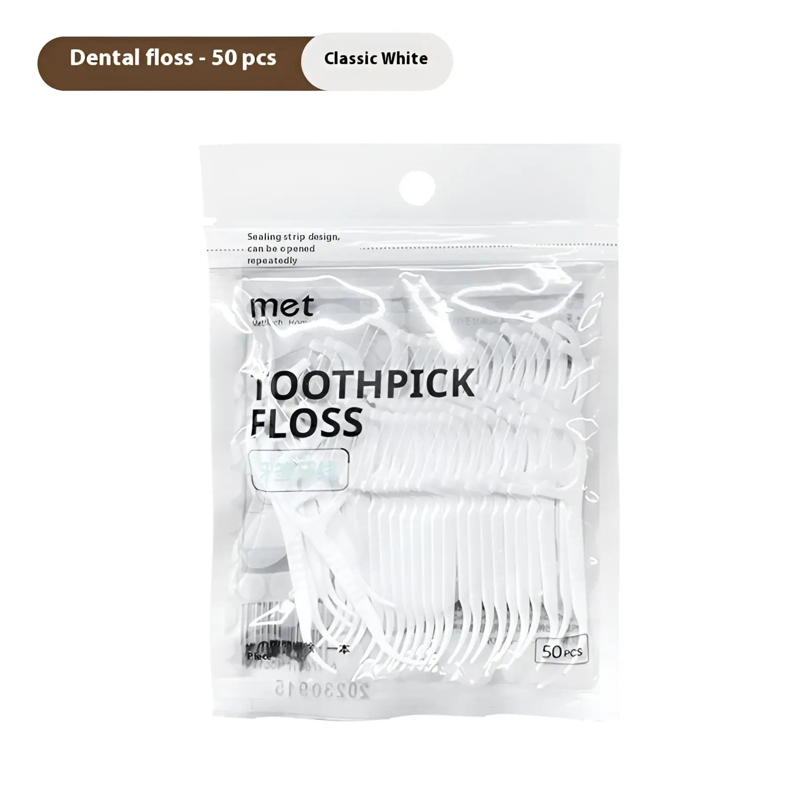 A package of 50 classic white toothpick floss by met with sealing strip for repeated opening in a portable dispenser