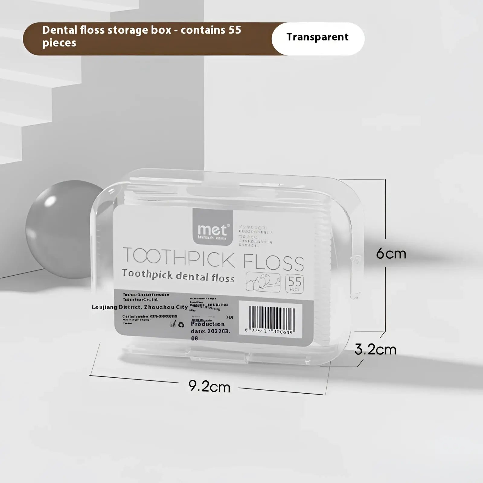 Transparent plastic portable dental floss box containing 55 toothpicks with automatic pop-up dispenser feature