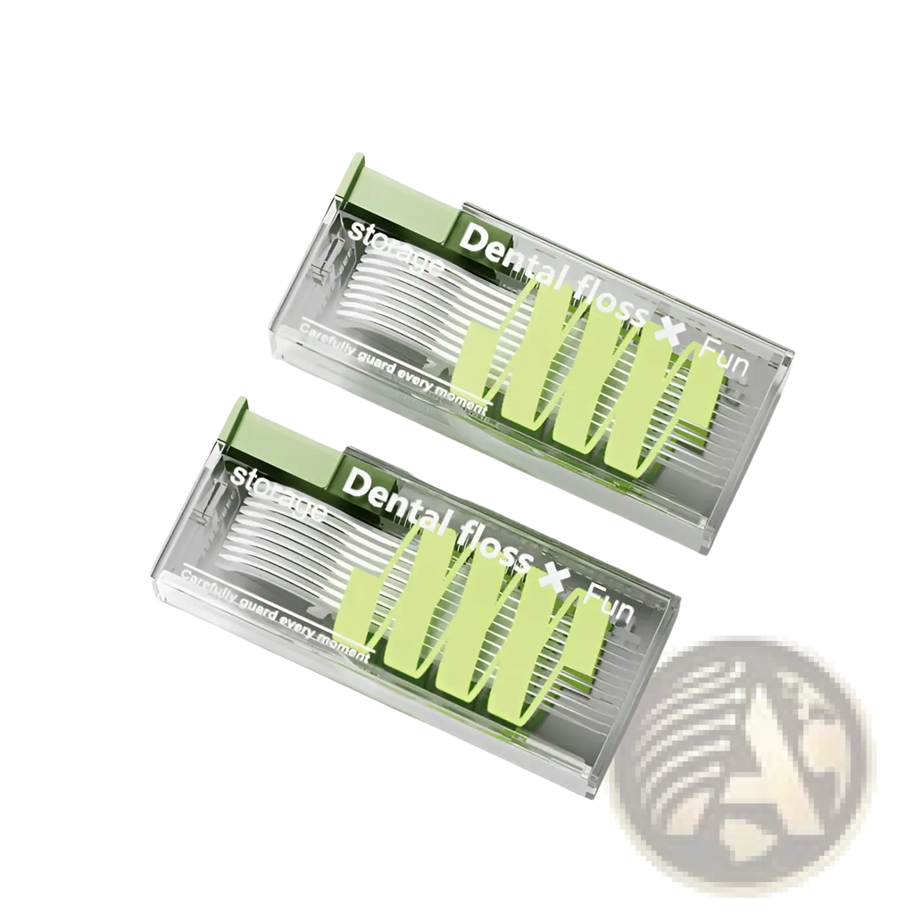Two transparent rectangular dental floss cases with lime green accents automatic pop-up dispenser for portability