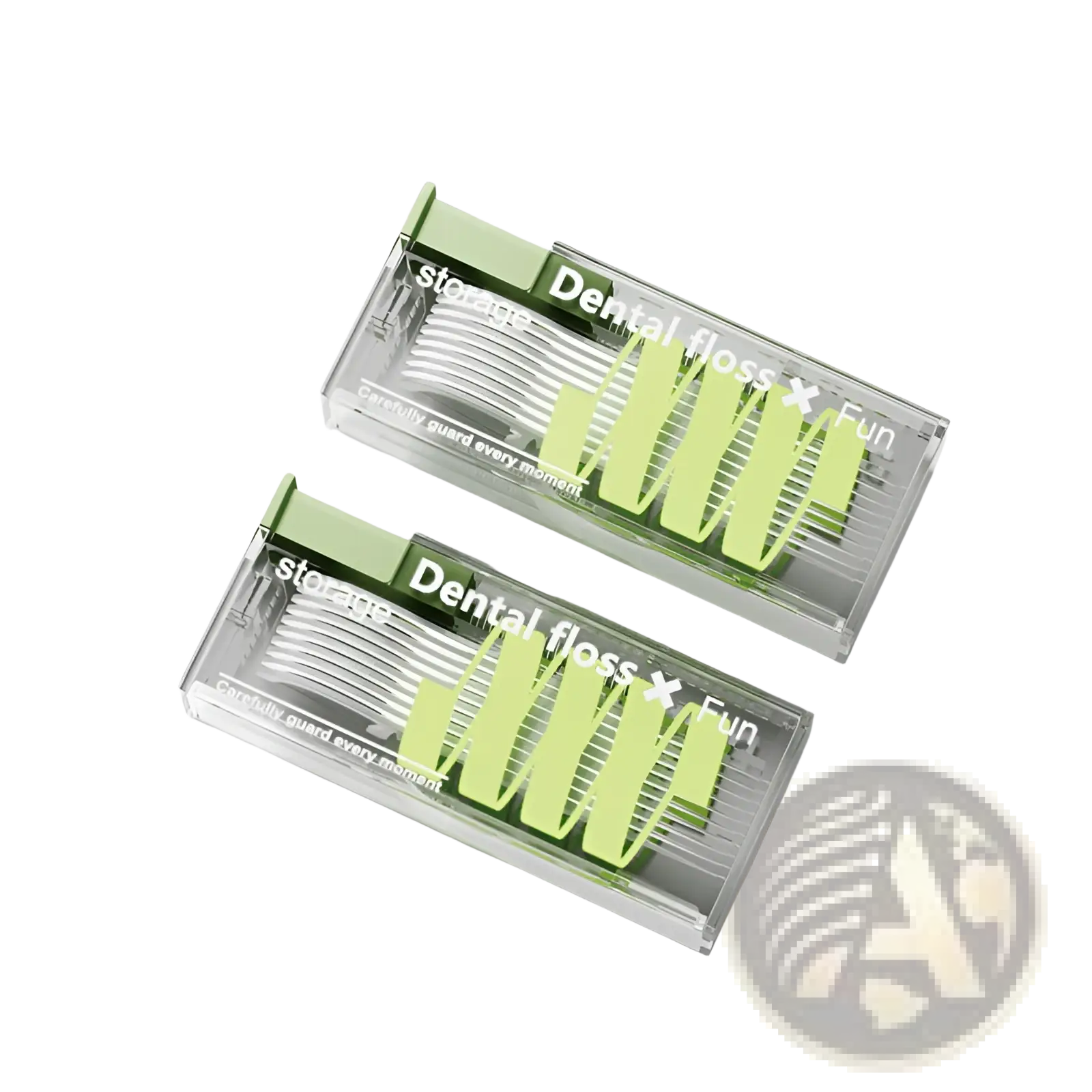 Two transparent rectangular dental floss cases with lime green accents automatic pop-up dispenser for portability