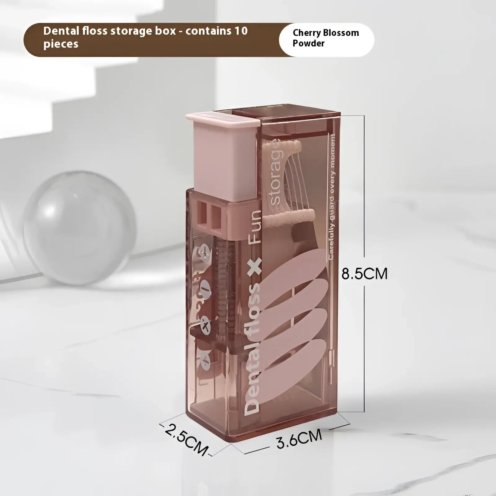 Transparent pink plastic portable dental floss box automatic pop-up dispenser with compartments for 10 cherry blossom floss