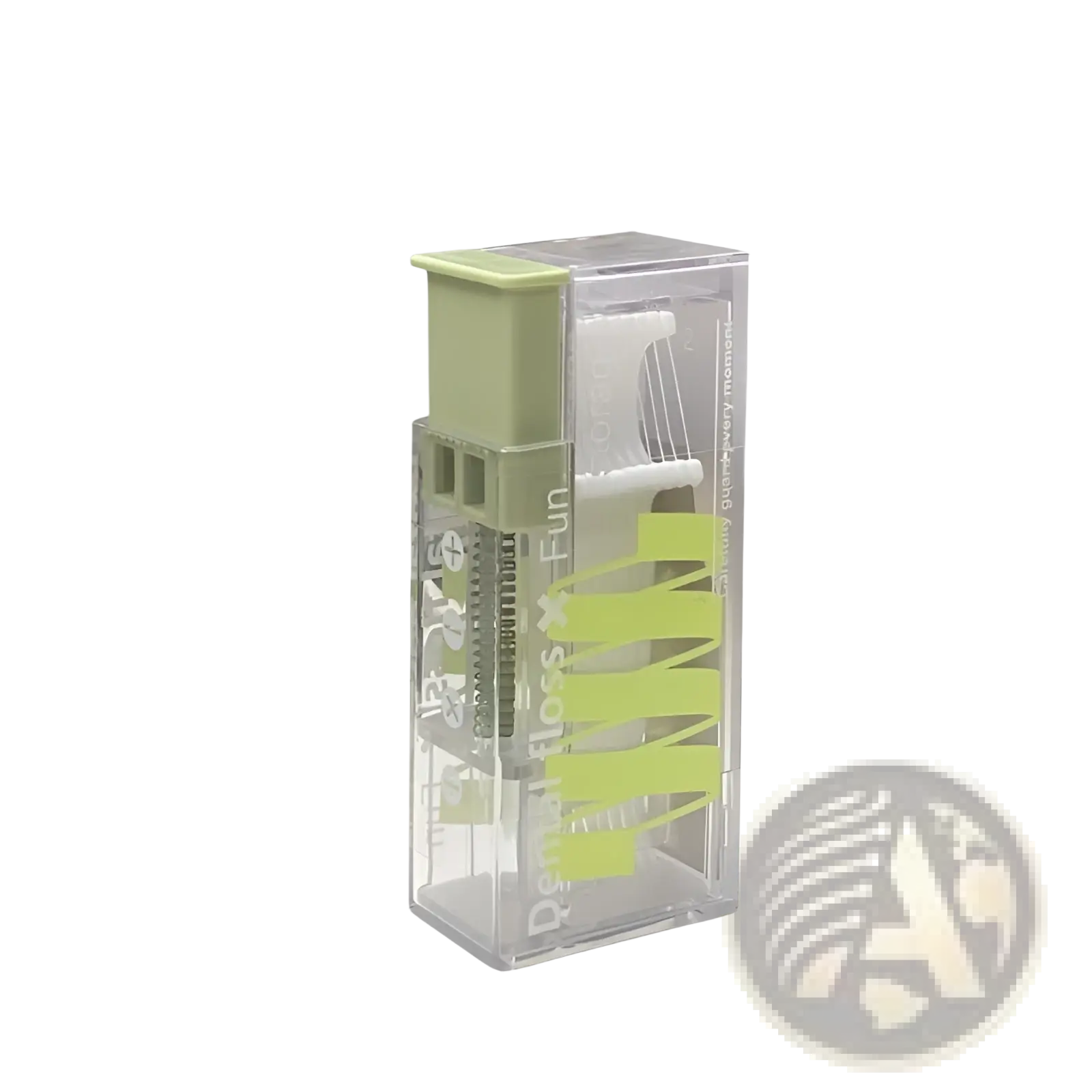 Portable dental floss box automatic pop-up dispenser with matcha green transparent case lime green interior holds 10 flosses