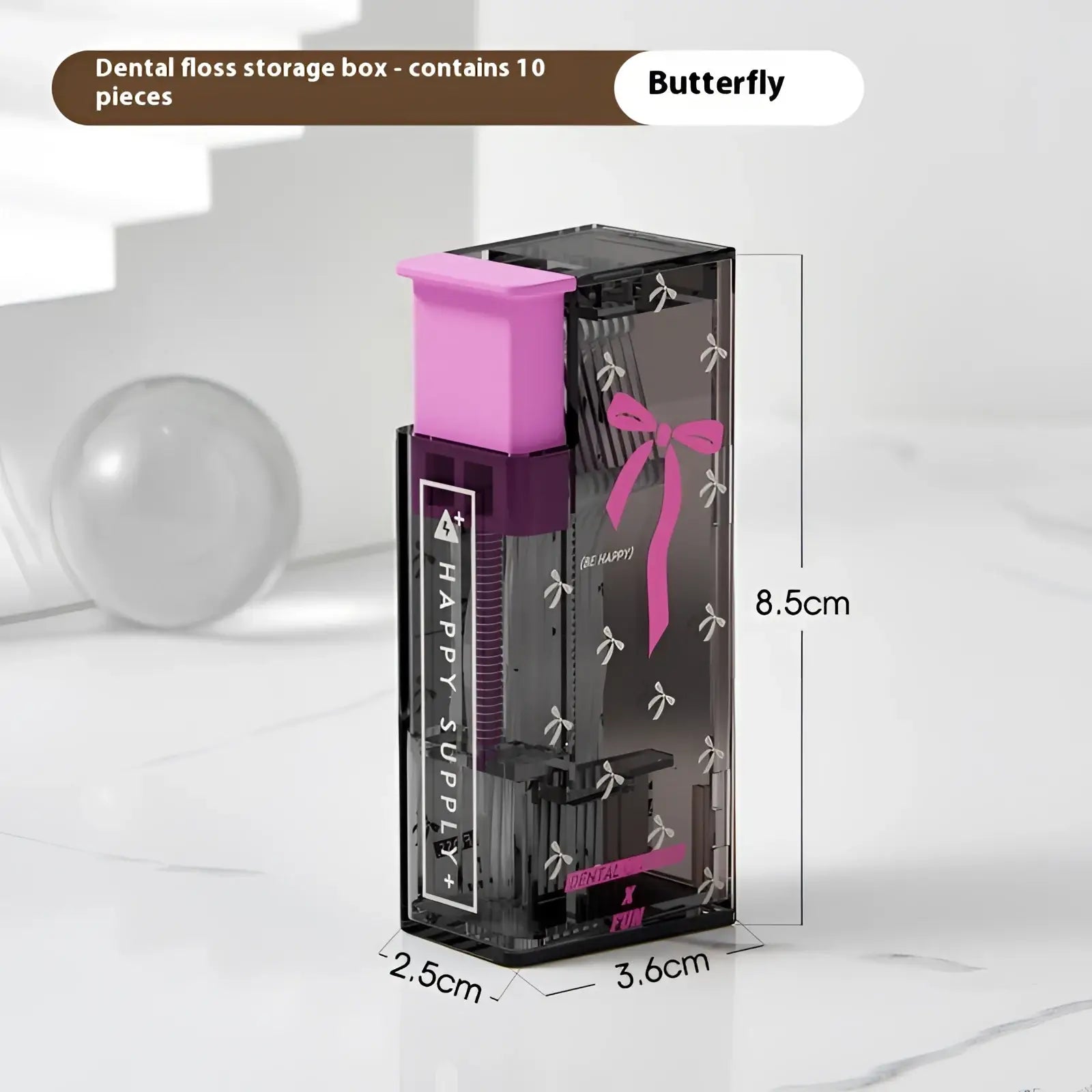 Portable dental floss box automatic pop-up dispenser with transparent rectangular storage, pink lid, and butterfly motifs