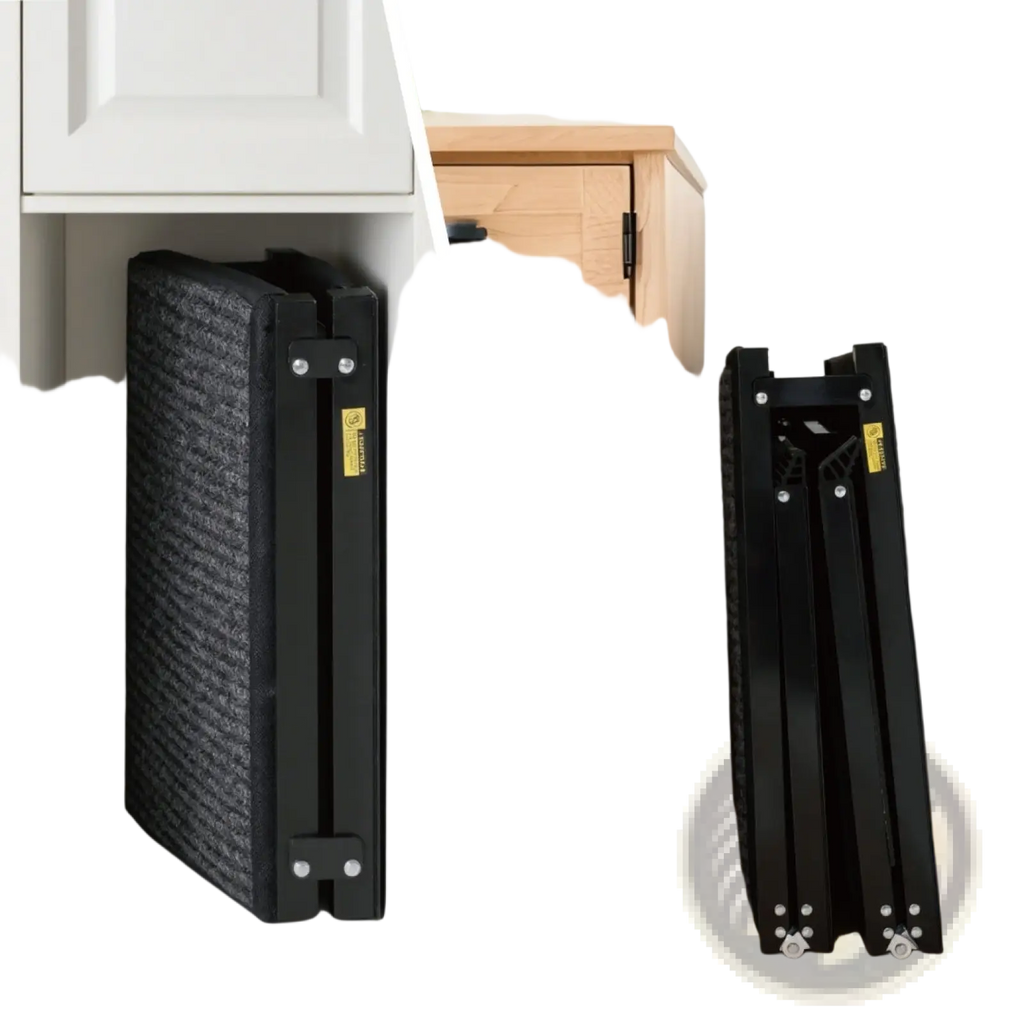 Black foldable cat scratching post with textured surface and metal frame shown from the back side