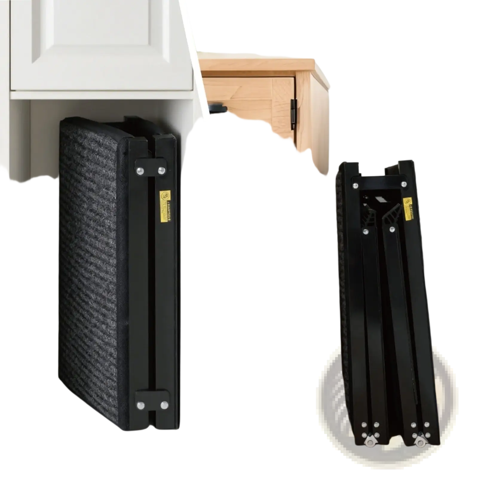 Black foldable cat scratching post with textured surface and metal frame shown from the back side