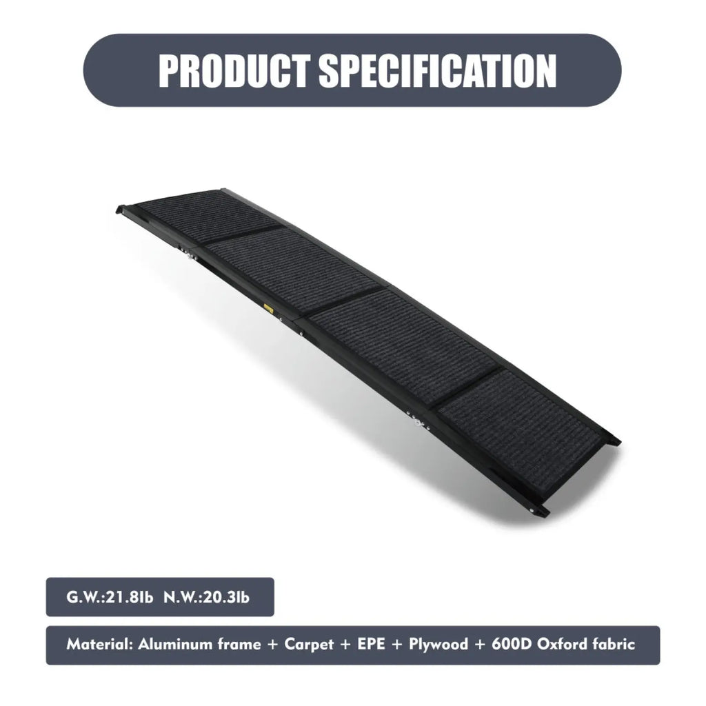 Portable dog ramp with textured carpet surface and aluminum frame for car suv and truck up to 250 lbs capacity