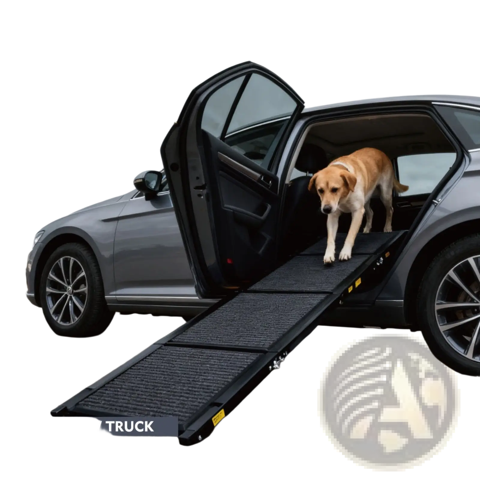 Black textured portable dog ramp made of durable material for cars, SUVs, and trucks supporting 250 lbs capacity
