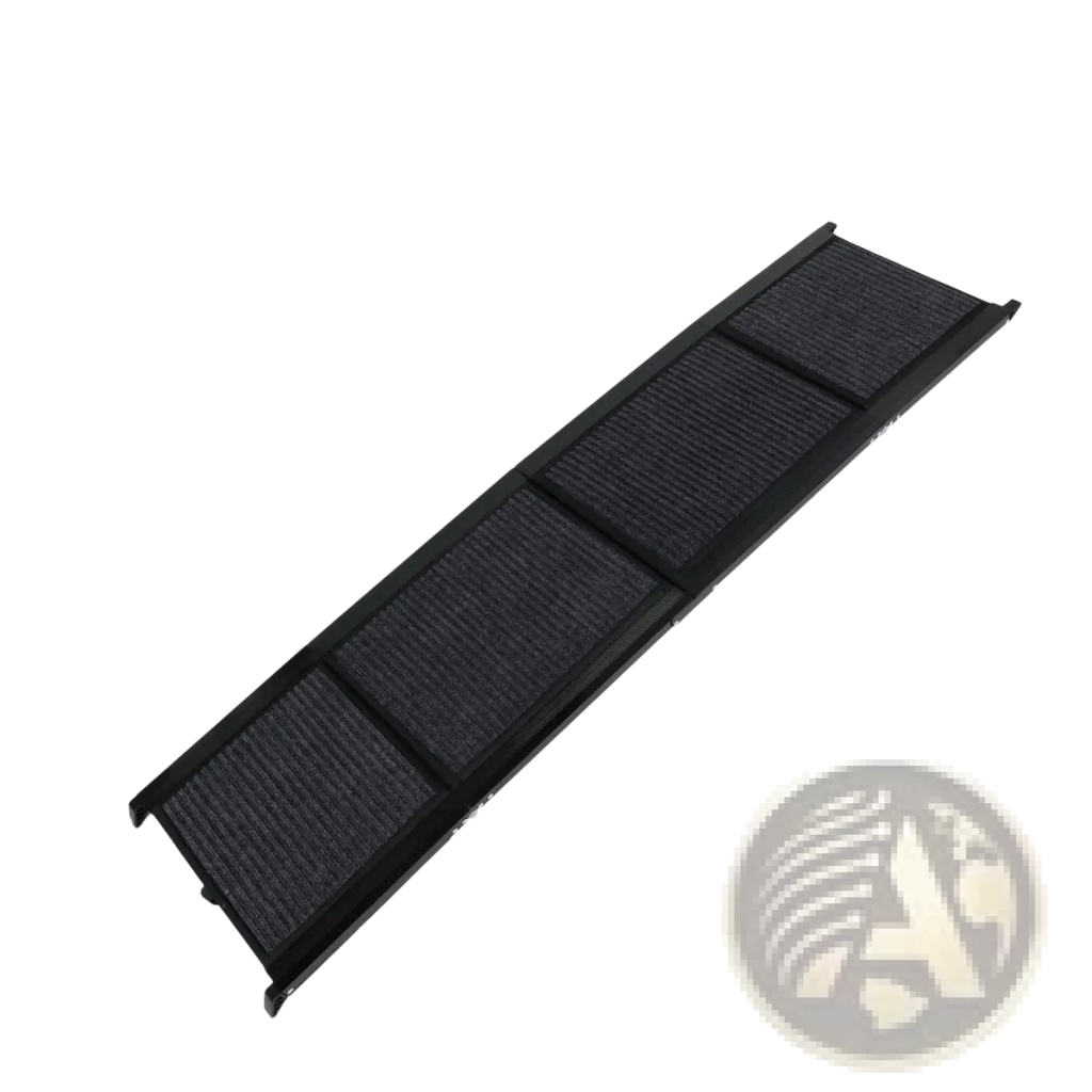 Black portable dog ramp with textured ribbed surface and sleek plastic frame for car suv and truck use