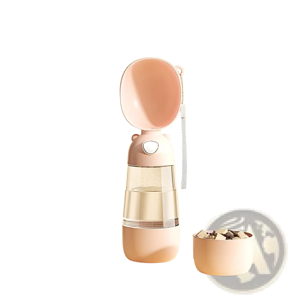 Portable dog water bottle 380ml travel feeder bowl in pink and transparent with detachable plastic bowl for pets