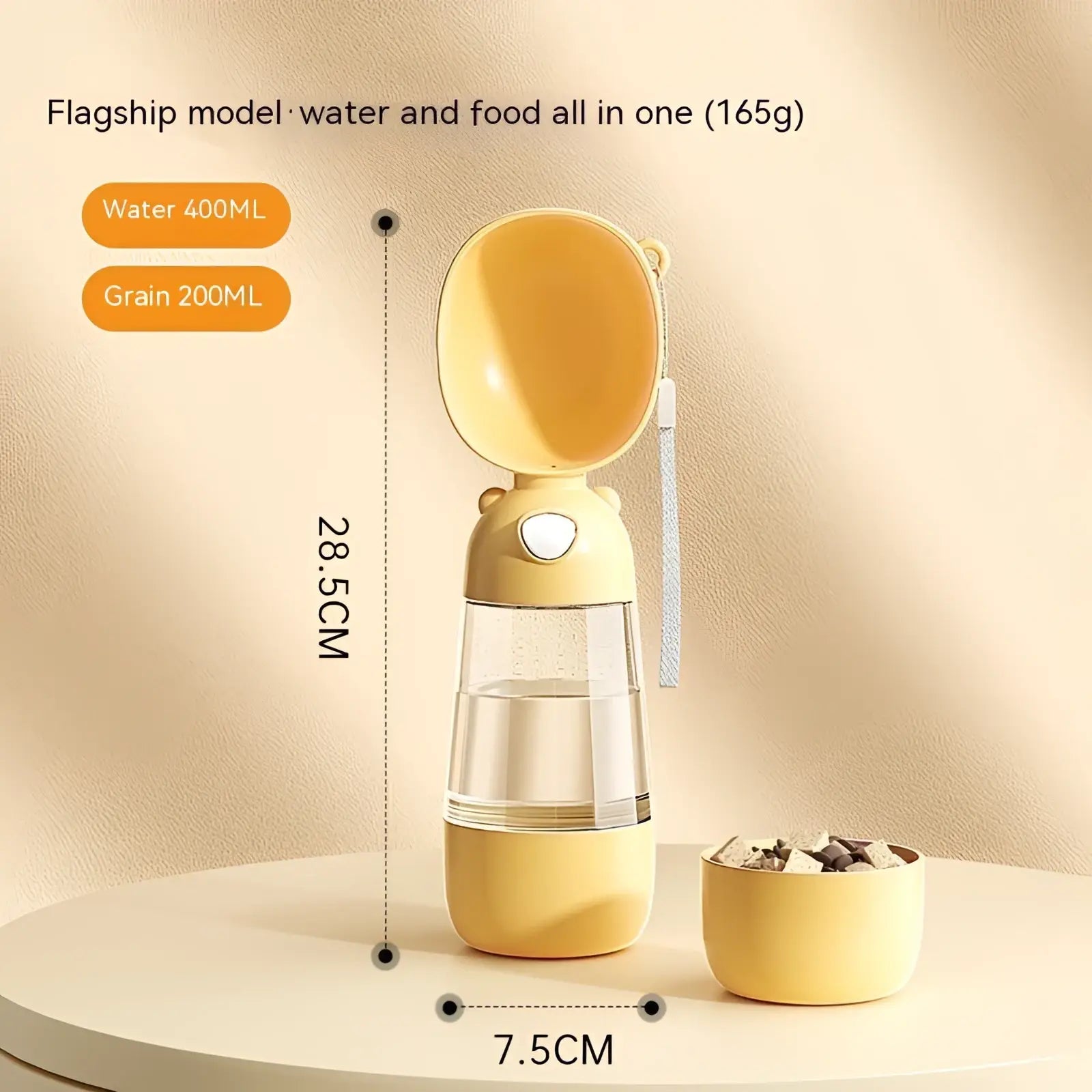 Yellow silicone and transparent plastic portable dog water bottle 380ml travel feeder bowl with detachable bowl