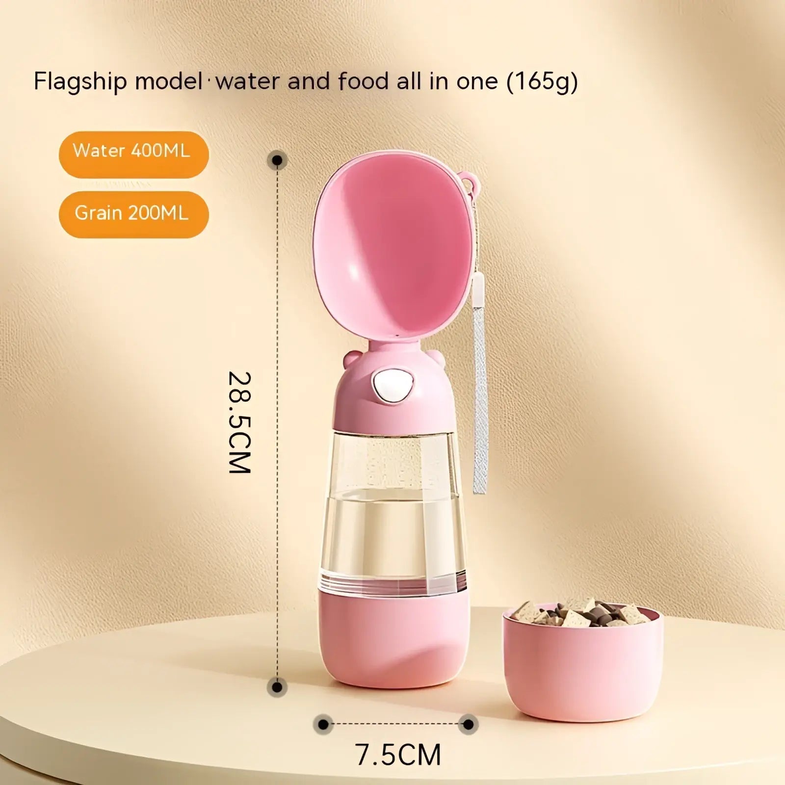 Portable dog water bottle 380ml travel feeder bowl in pink with clear central section and integrated grain bowl