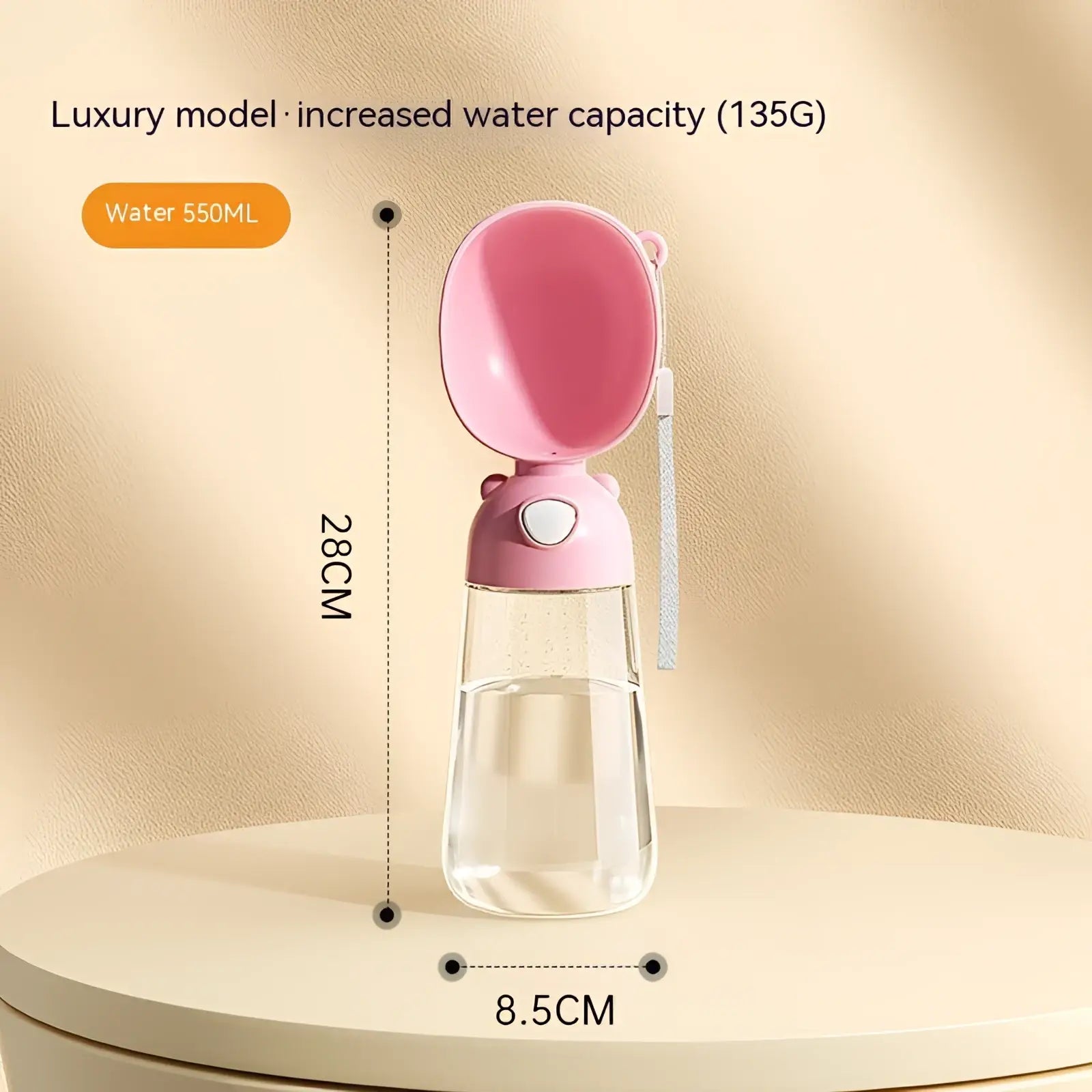 Portable dog water bottle with 380ml capacity pink and clear plastic design and detachable bowl top for travel use