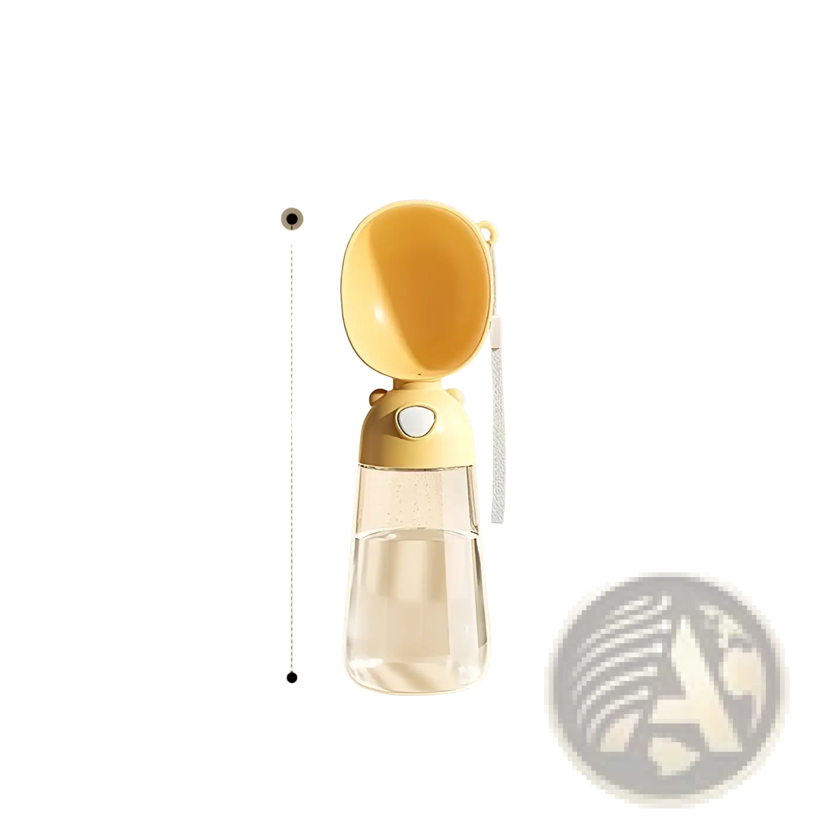 A sleek transparent portable dog water bottle 380ml with a yellow lid, white button, and silver strap for travel use