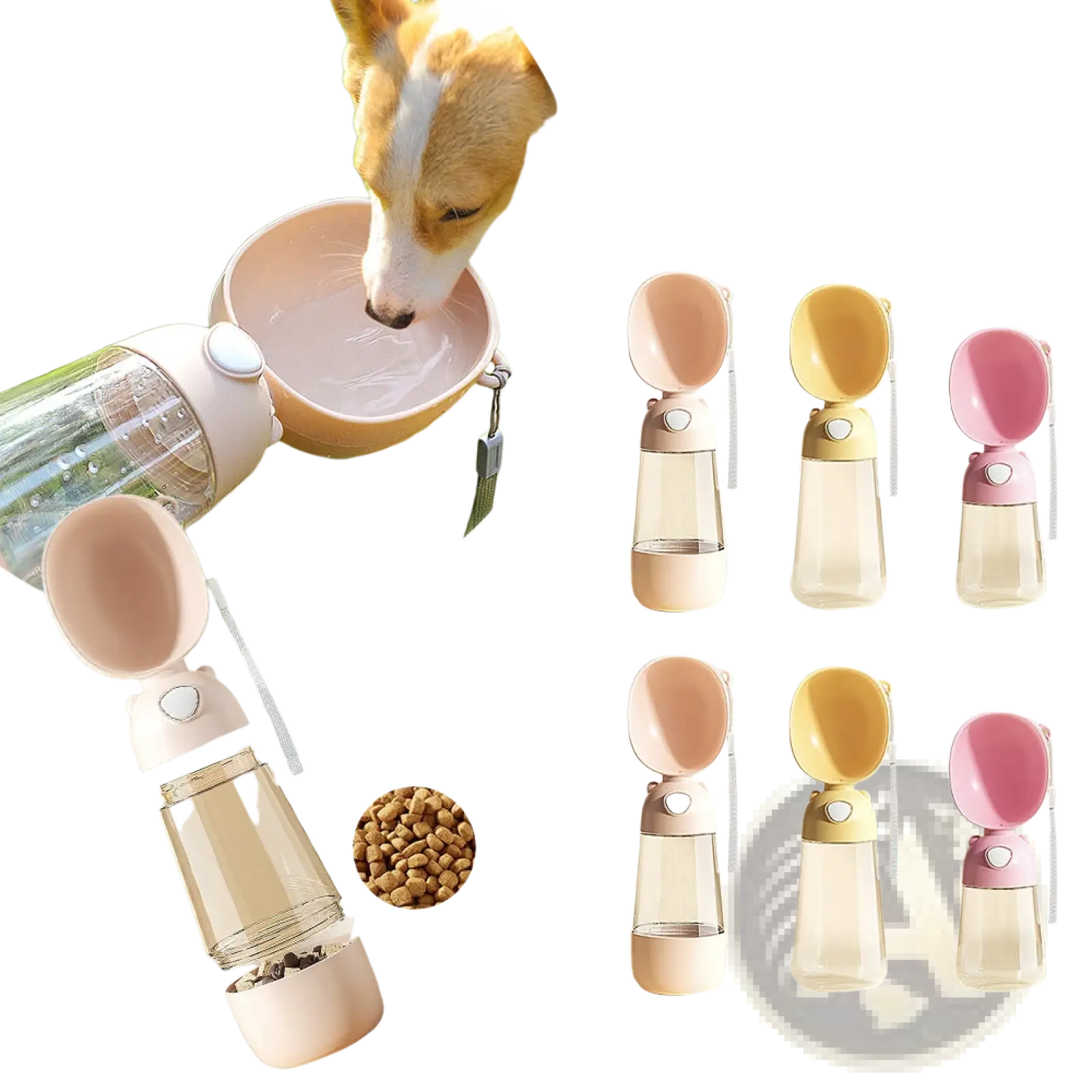 Portable dog water bottle 380ml with translucent body and pastel beige yellow or pink lid and bowl for travel use