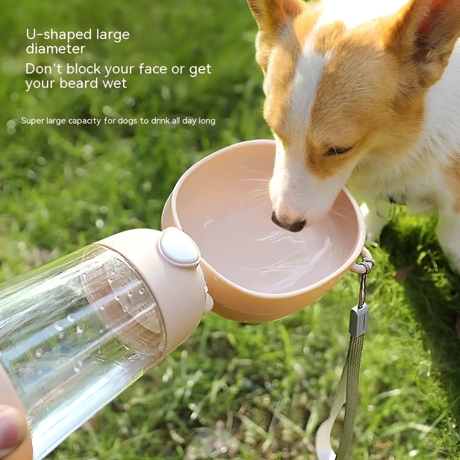 Beige u-shaped portable dog water bottle with clear transparent reservoir and white cap 380ml travel feeder bowl