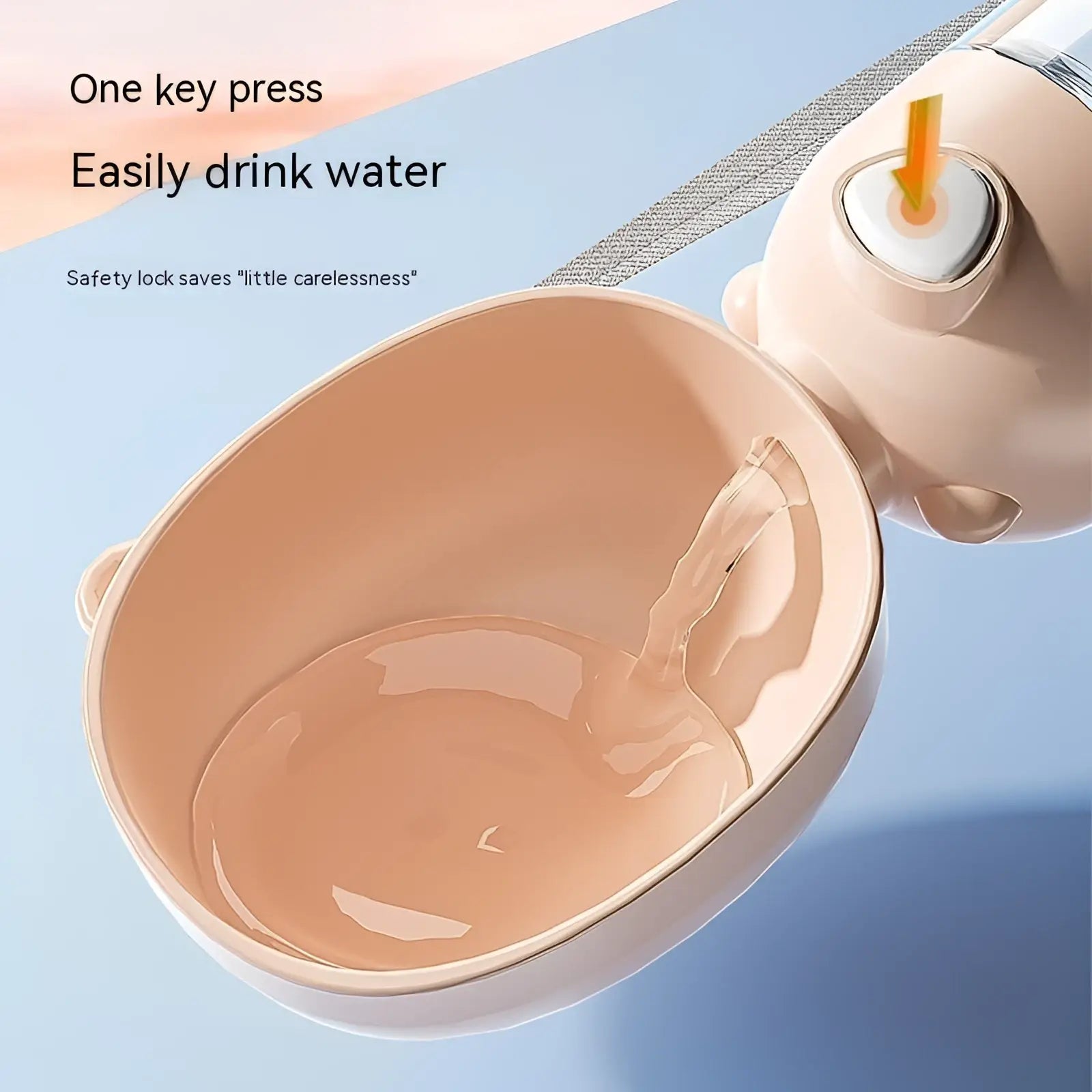 Beige silicone portable dog water bottle 380ml with safety lock and one-key press spout for easy drinking