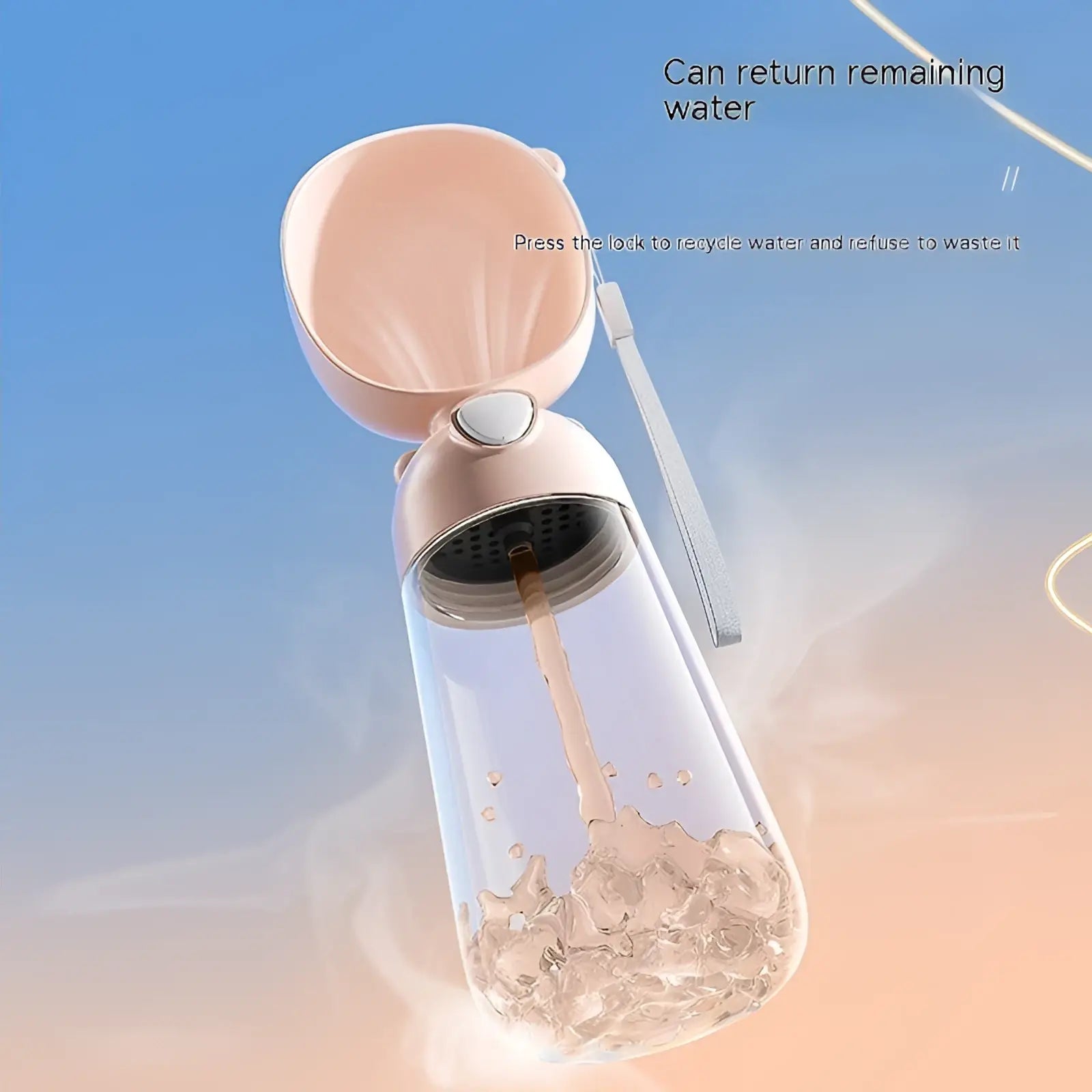 A sleek transparent glass portable dog water bottle with rose gold lid and handle for travel feeding 380ml capacity