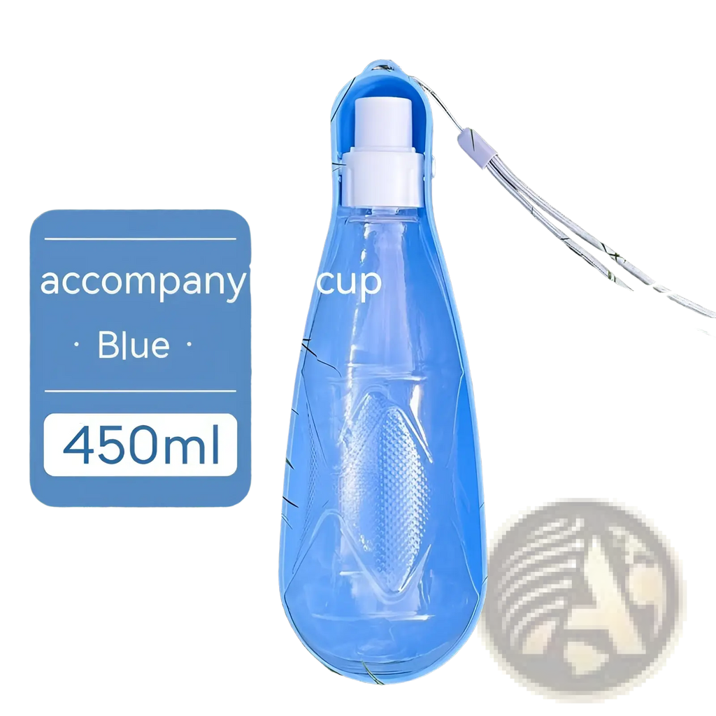 Portable dog water bottle 450ml blue collapsible pet travel cup with white spray nozzle and carrying strap