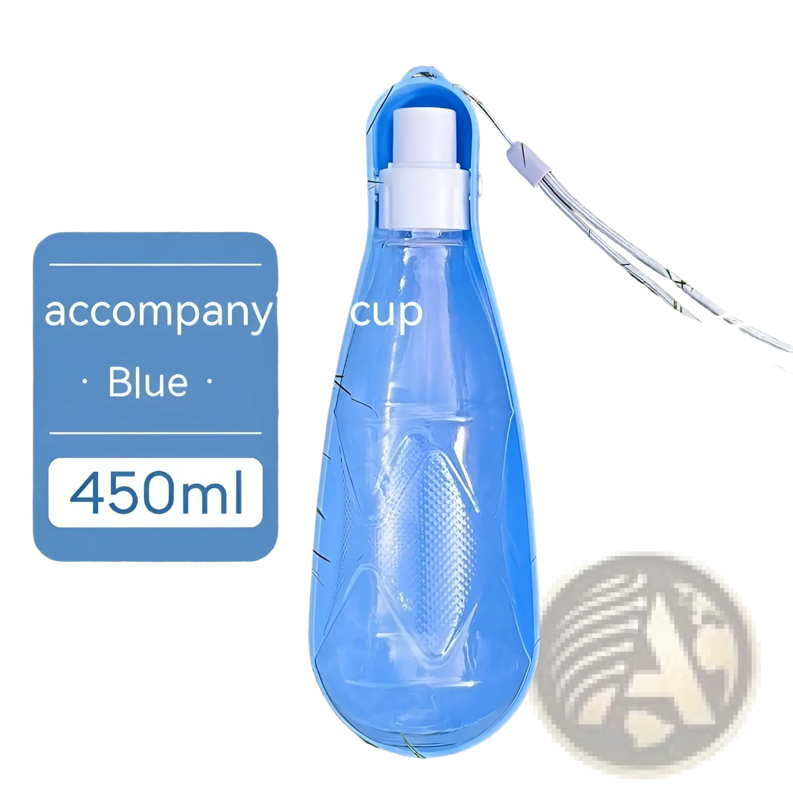 Portable dog water bottle 450ml blue collapsible pet travel cup with white spray nozzle and carrying strap