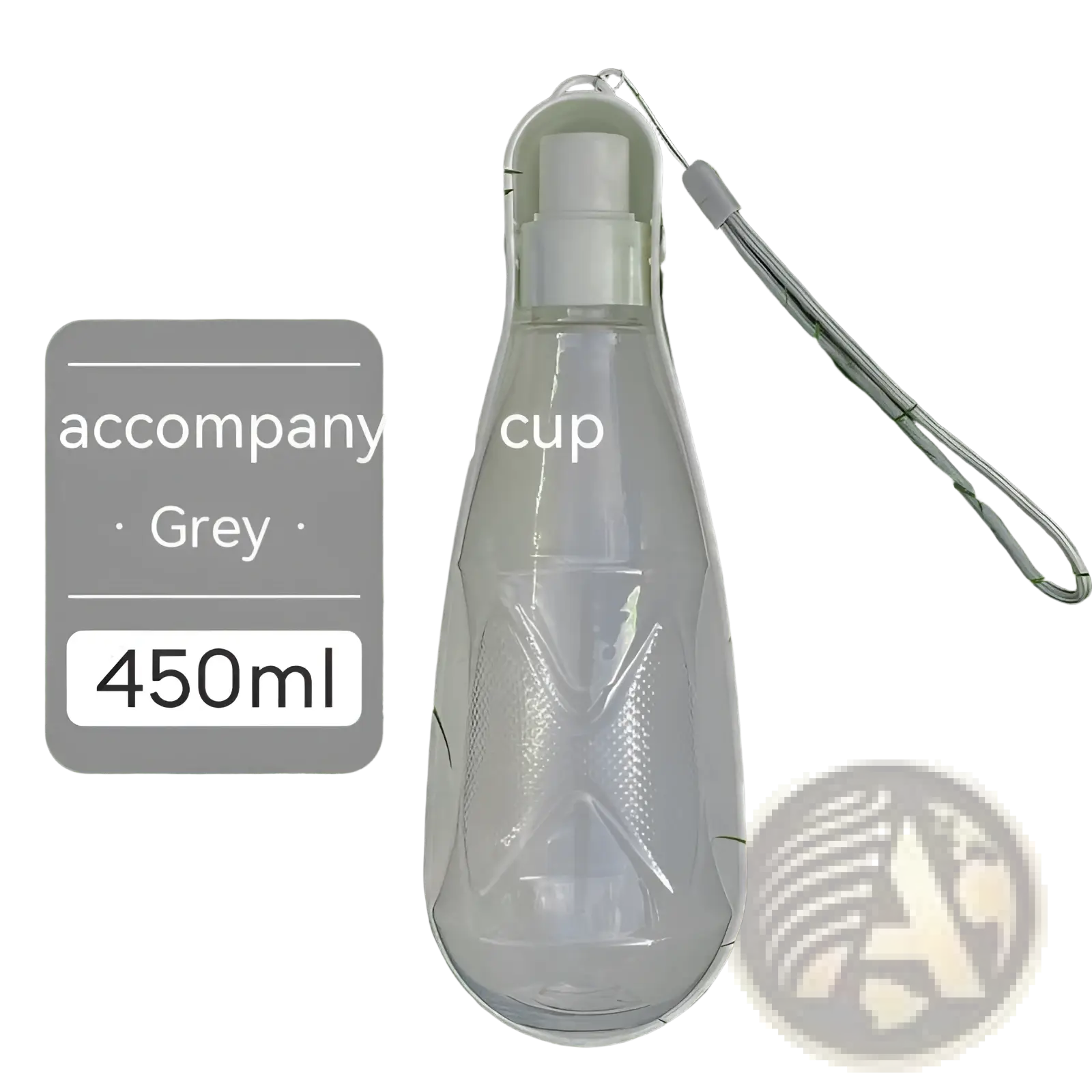Portable dog water bottle 550ml transparent plastic with white spray nozzle and grey strap for easy travel use