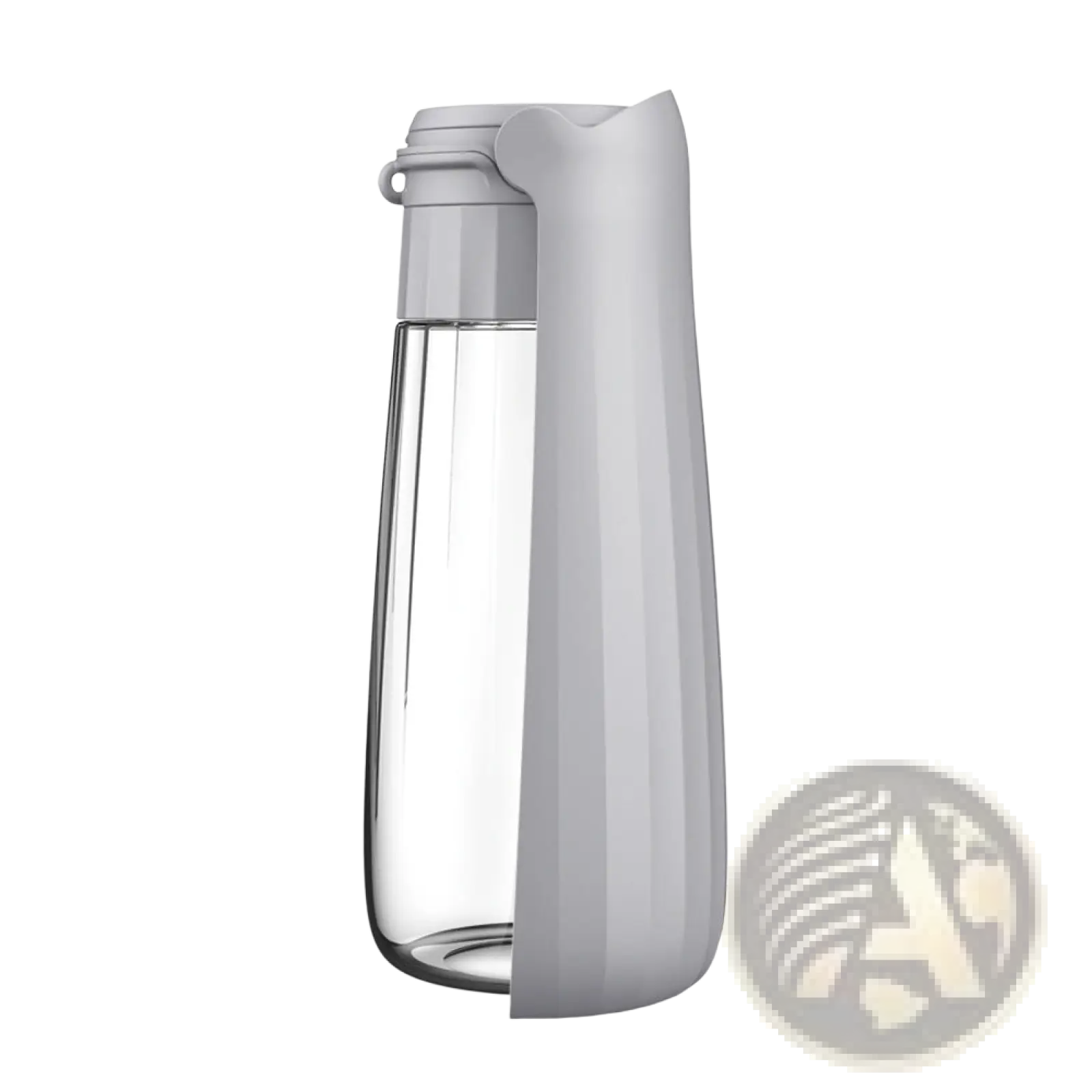 Portable dog water bottle 550ml with gray silicone sleeve clear glass body and spout for easy drinking and travel use