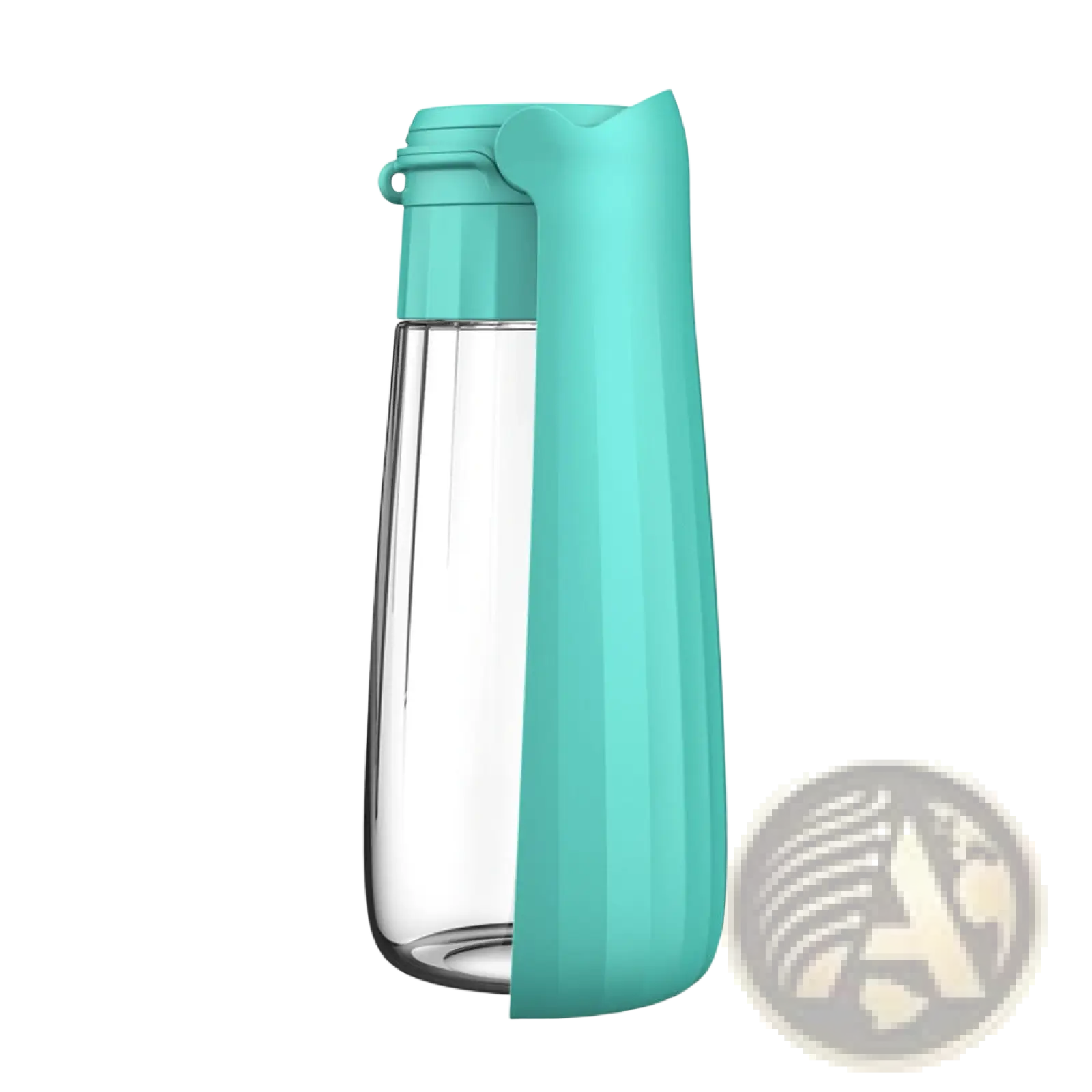 Portable dog water bottle 550ml with teal silicone sleeve clear glass body and easy drinking spout for travel use