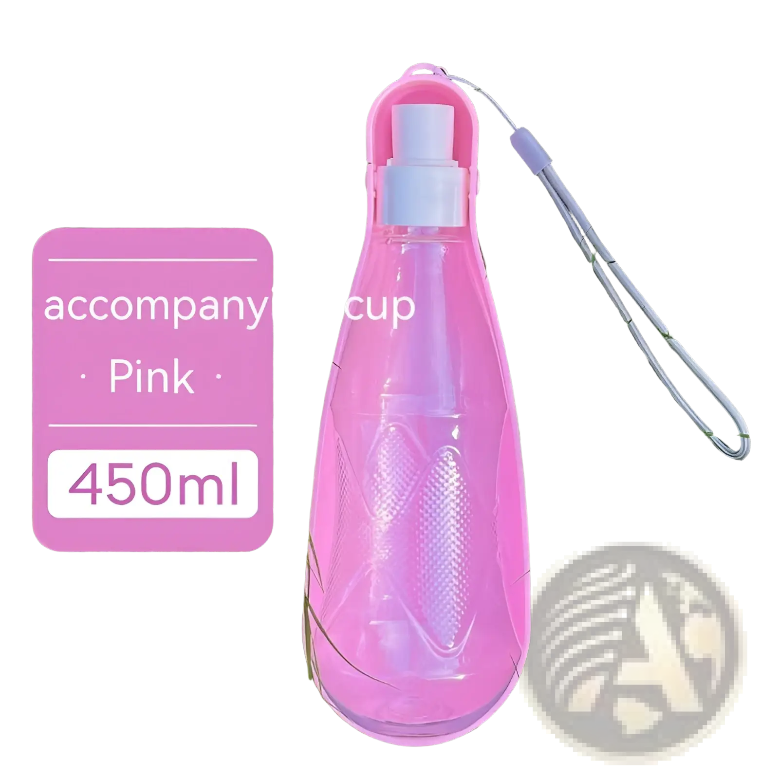 Portable dog water bottle 450ml collapsible pink with white spray nozzle and gray wrist strap for travel use