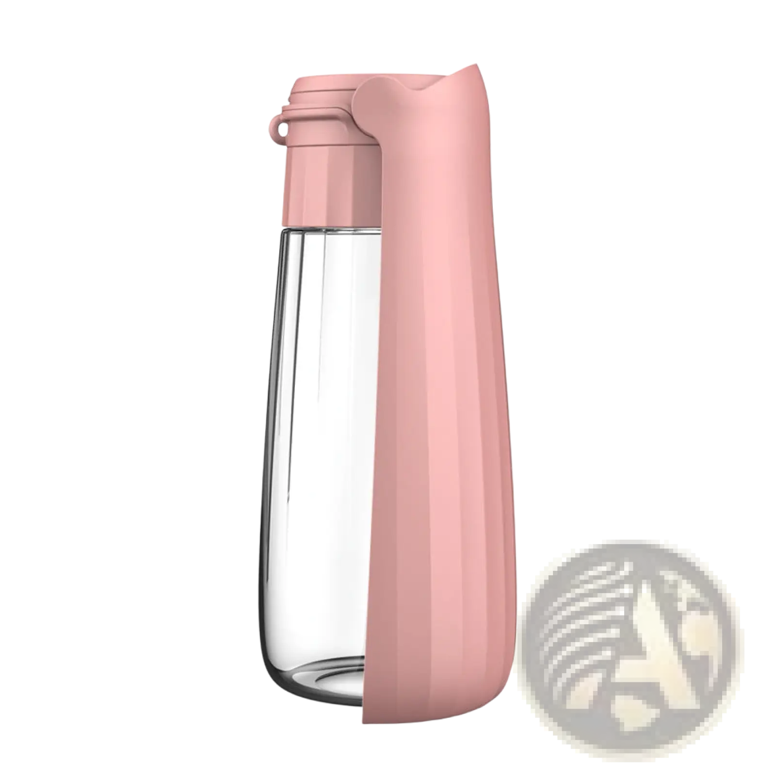 Pink silicone portable dog water bottle with clear glass body and matching lid with integrated handle for travel use