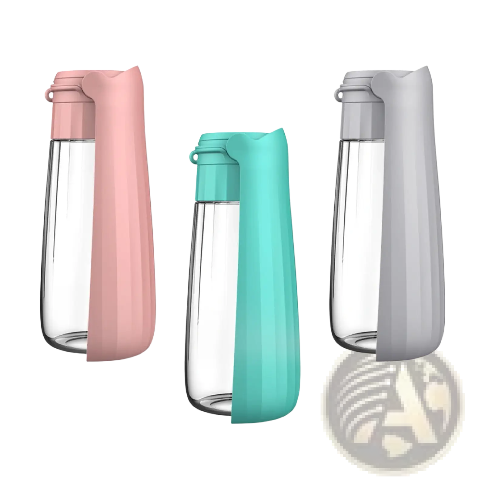 Three portable dog water bottles with 550ml clear glass bodies and soft silicone sleeves in pink teal and gray
