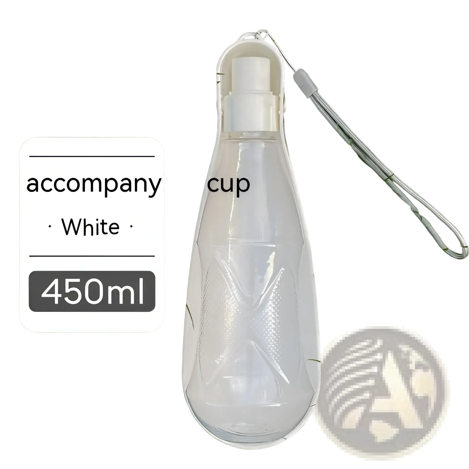 Portable dog water bottle 550ml with white plastic spout cap clear body and gray braided strap for travel use