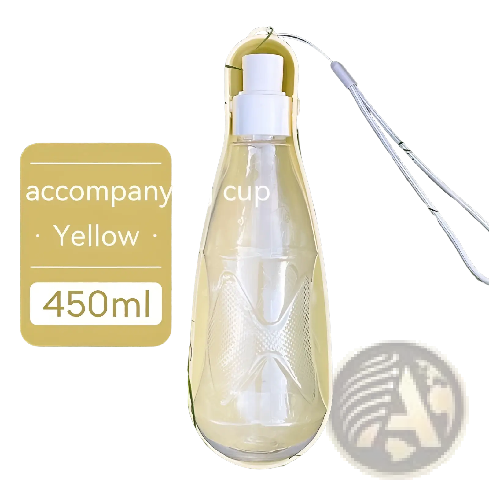 Yellow 450ml portable dog water bottle with clear plastic body white spray nozzle and carrying strap for travel use