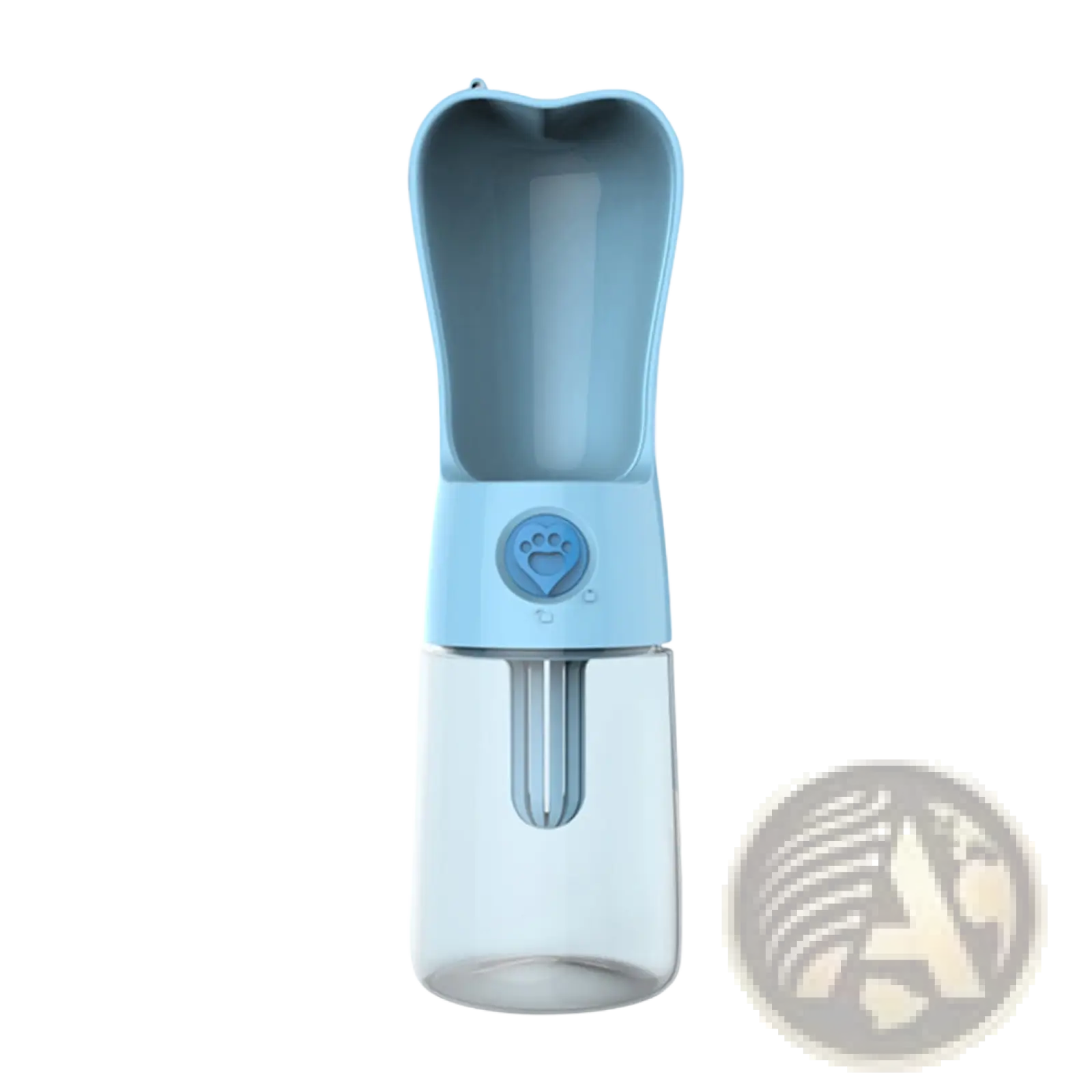 Light blue plastic portable dog water bottle with transparent base and paw print button featuring activated carbon filter