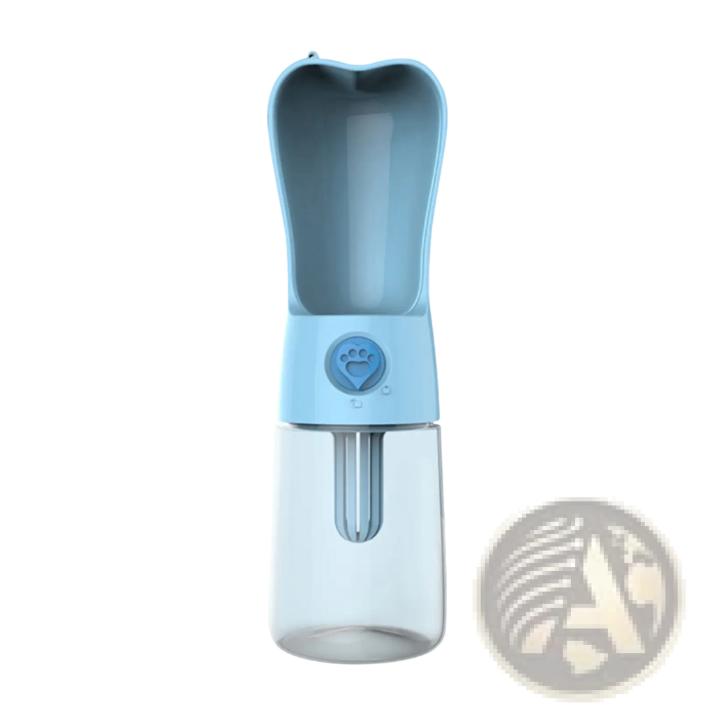 Light blue plastic portable dog water bottle with transparent base and paw print button featuring activated carbon filter