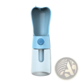 Light blue plastic portable dog water bottle with transparent base and paw print button featuring activated carbon filter