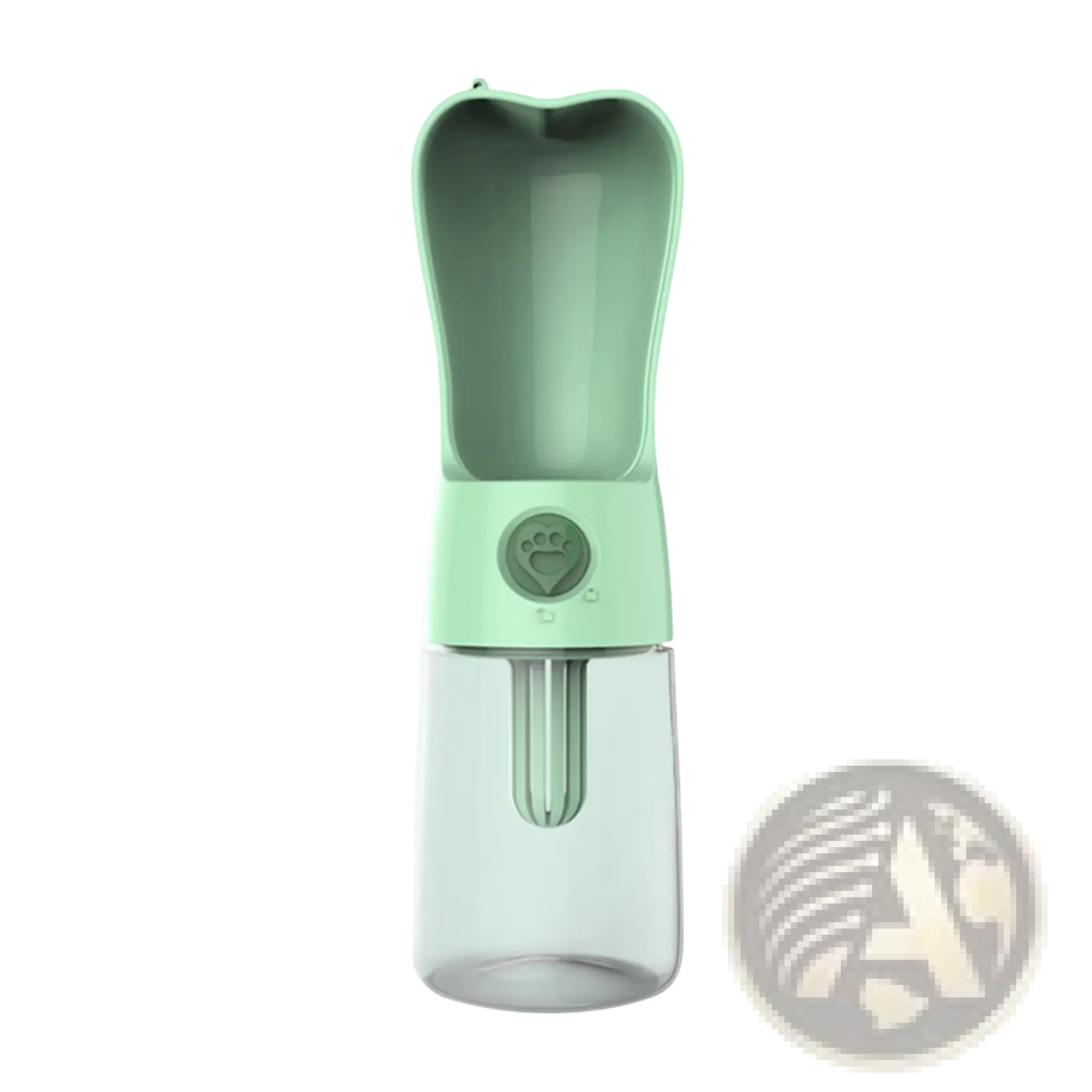 Portable dog water bottle in mint green with activated carbon filter clear plastic base and paw print button