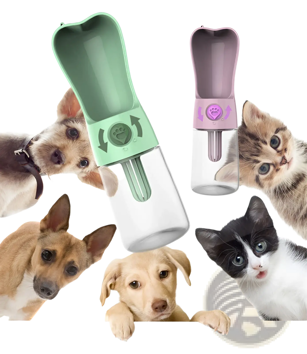 Portable dog water bottles with activated carbon filter in green and purple with clear bases and paw print lids