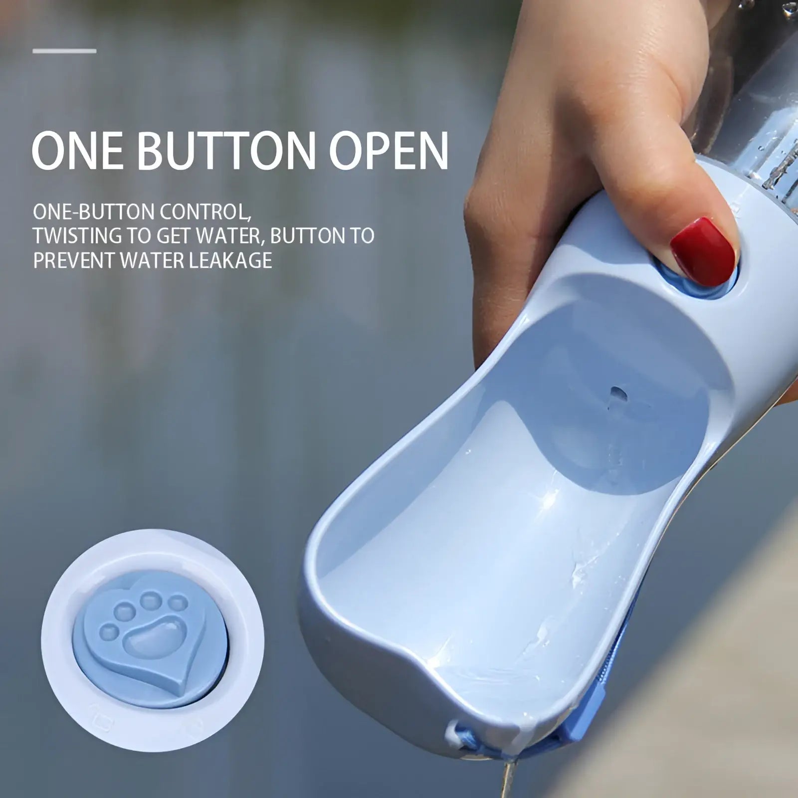Light blue plastic portable dog water bottle with activated carbon filter and paw print design on the button